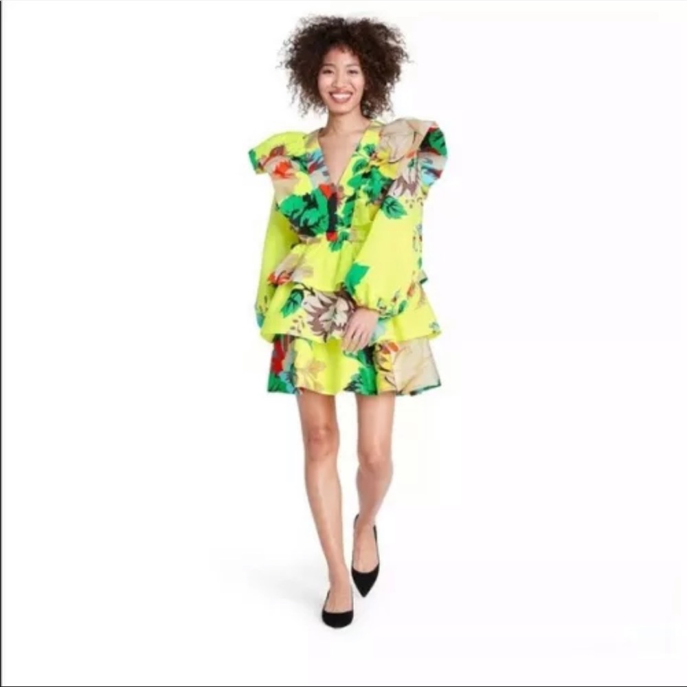 Christopher John Rogers Target Floral Long Sleeve Ruffle Dress Size 14 Yellow